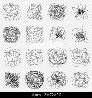 Set of Hand drawing random chaotic lines. Insane tangled scribble clew. Black design abstract scrawl scribbles. Vector illustration Stock Vector