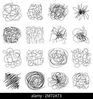 Set of Hand drawing random chaotic lines. Insane tangled scribble clew. Black design abstract scrawl scribbles. Vector illustration Stock Vector