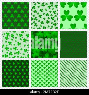 Green clover leaves seamless patterns set. Abstract geometric backgrounds. Seamless vector patterns collection. Vector illustration Stock Vector