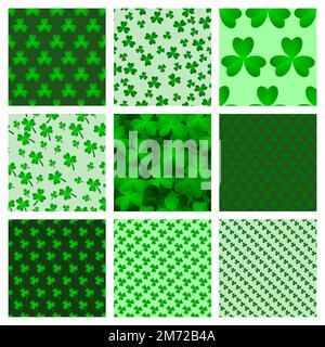 Green clover leaves seamless patterns set. Abstract geometric backgrounds. Seamless vector patterns collection. Vector illustration Stock Vector