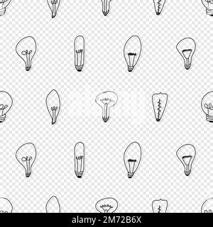 Hand drawn seamless pattern of Light Bulbs. Different loft lamps in doodle style. Idea lightbulb sign symbol pattern. Vector illustration Stock Vector