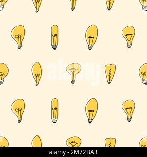 Hand drawn seamless pattern of Light Bulbs. Different loft lamps in doodle style. Idea lightbulb sign symbol pattern. Vector illustration Stock Vector
