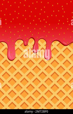 Bright food card. Strawberry flyers. Sweet realistic strawberry. Yellow pattern with waffle and strawberry drips. Dripping strawberry. Food delicious Stock Vector