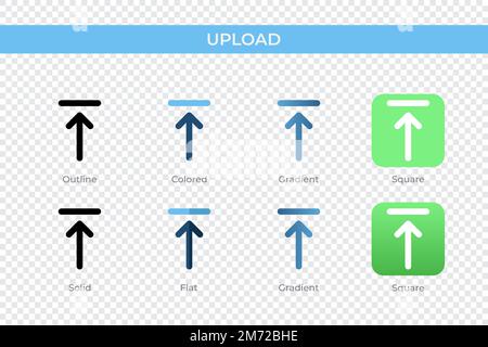 Upload icon in different style. Upload vector icons designed in outline, solid, colored, gradient, and flat style. Symbol, logo illustration. Vector i Stock Vector