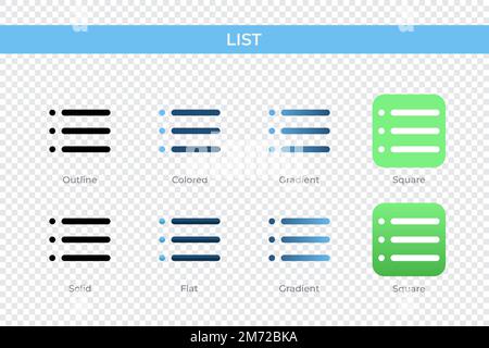 List icon in different style. List vector icons designed in outline, solid, colored, gradient, and flat style. Symbol, logo illustration. Vector illus Stock Vector