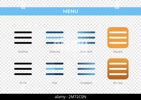 menu icon in different style. menu vector icons designed in outline, solid, colored, gradient, and flat style. Symbol, logo illustration. Vector illus Stock Vector