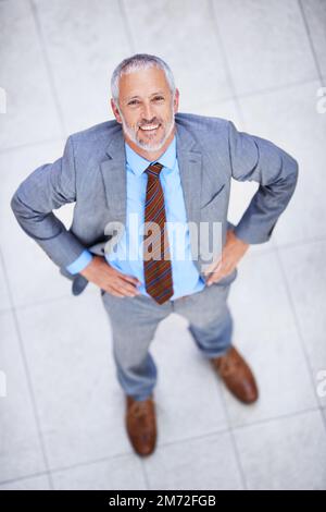 Heading for success. High angle portrait of a confident mature businessman standing with his hands on hips. Stock Photo