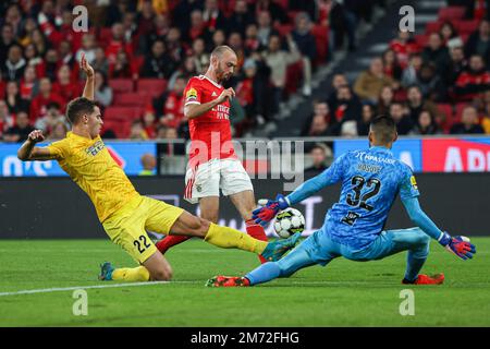 Lisbon, Portugal. 06th Jan, 2023. Filipe Relvas of Portimonense SC (L), Fredrik Aursnes of SL Benfica (C) and Kosuke Nakamura of Portimonense SC (R) during the Liga Portugal Bwin match between SL Benfica and Portimonense SC at Estadio da Luz in Lisbon. (Final score: SL Benfica 1 : 0 Portimonense SC) Credit: SOPA Images Limited/Alamy Live News Stock Photo