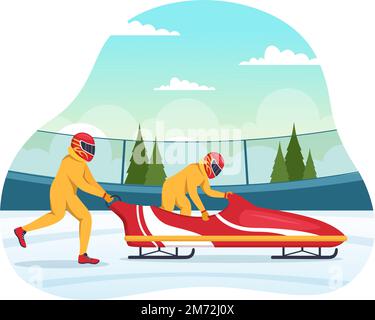 Athlete Riding Sled Bobsleigh Illustration with Snow, Ice and Bobsled Track for Competition in Winter Sport Activity Flat Cartoon Hand Drawn Templates Stock Vector