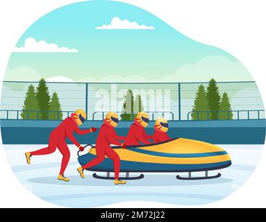 Athlete Riding Sled Bobsleigh Illustration with Snow, Ice and Bobsled Track for Competition in Winter Sport Activity Flat Cartoon Hand Drawn Templates Stock Vector