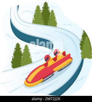 Athlete Riding Sled Bobsleigh Illustration with Snow, Ice and Bobsled Track for Competition in Winter Sport Activity Flat Cartoon Hand Drawn Templates Stock Vector