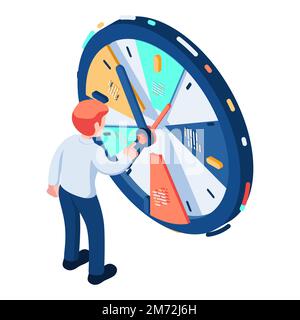 Flat 3d Isometric Businessman Standing with Time Management Clock. Time Management Concept. Stock Vector