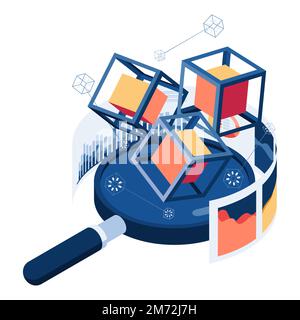 Flat 3d Isometric Blockchain and Magnifying Glass with Data Analytics. Blockchain and Big Data Analysis Concept. Stock Vector