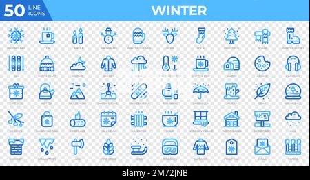 Winter icons in colored line style. Snowflake, tea, sweater. Colored outline icons collection. Holiday symbol. Vector illustration Stock Vector