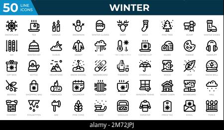 Winter icons in line style. Snowflake, tea, sweater. Outline icons collection. Holiday symbol. Vector illustration Stock Vector