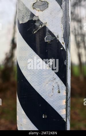 Black  and white texture on a pole with trees in the background seen up close Stock Photo