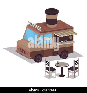 isometric coffee shop van in illustration and vector Stock Vector