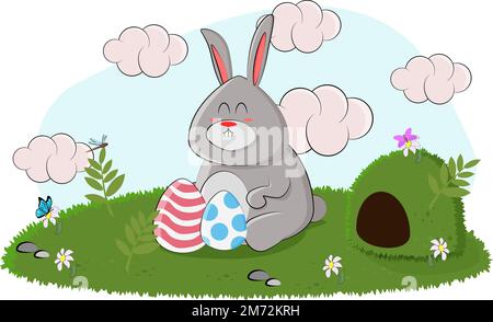 Cute easter bunny paints eggs for the holiday Stock Vector