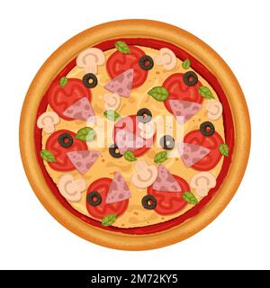 delicious mushroom pizza with ham, olives and tomatoes Stock Vector