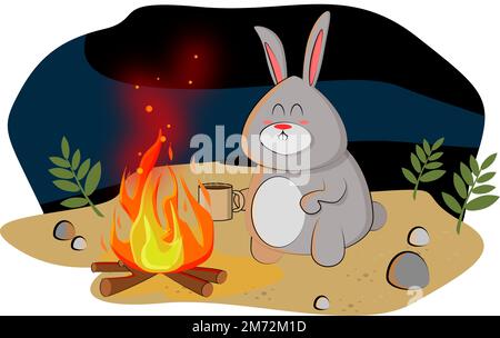 the bunny lit the caster and warms up and drinks coffee Stock Vector