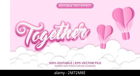 Together editable text effect. Heart decoration text style effect. 3D heart editable text effect. Paper cut heart hot air balloon and white clouds. Ve Stock Vector