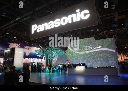 Las Vegas, United States. 06th Jan, 2023. A view of the green themed Panasonic booth on display during the 2023 International CES, at the Las Vegas Convention Center in Las Vegas, Nevada on Friday, January 6, 2023. Photo by James Atoa/UPI Credit: UPI/Alamy Live News Stock Photo