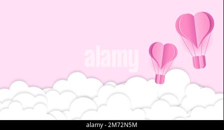 Paper cut heart hot air balloon and white clouds. Origami made hot air balloon and clouds. Paper art style. Greeting or Sale banner. Vector illustrati Stock Vector