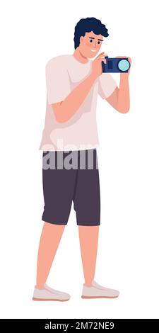 Young tourist taking photos semi flat color vector character Stock Vector