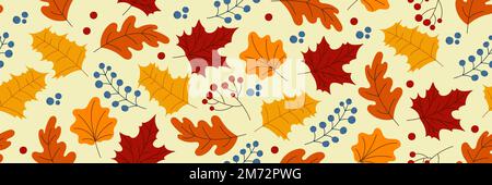 Long seamless autumn pattern with berries and leaves. Autumn seamless pattern. Charming autumn pattern. Hand drawn. Vector illustration Stock Vector