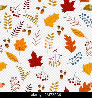 Autumn seamless pattern with berry, plants, leaves, acorns. Charming autumn pattern. Seamless pattern on an autumn theme. Hand drawn. Vector illustrat Stock Vector