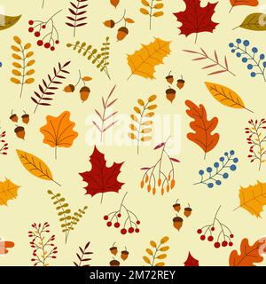 Autumn seamless pattern with berry, plants, leaves, acorns. Charming autumn pattern. Seamless pattern on an autumn theme. Hand drawn. Vector illustrat Stock Vector