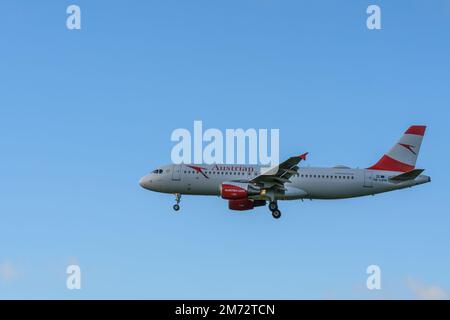 Passenger plane Airbus A320-214 of Austrian Airlines on approach to Zurich Airport Stock Photo