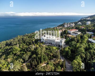 Aerial View of Livadia Palace - located on the shores of the Black Sea in the village of Livadia in the Yalta region of Crimea. Livadia Palace was a Stock Photo