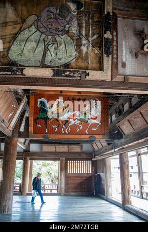 Hiroshima Japan 3rd Dec 2022: the interior view of Senjokaku ('pavilion of 1000 mats', Toyokuni Shrine).  It is the largest structure at Miyajima. Stock Photo