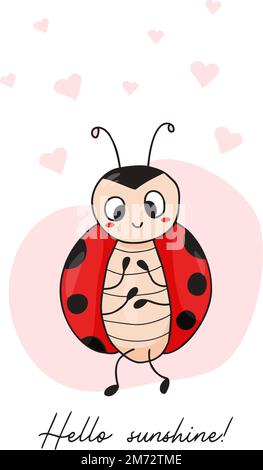 Cool postcard with cute ladybug. Enamored insect ladybird with hearts. Hello sunshine. Vector illustration in hand drawn doodle style Stock Vector