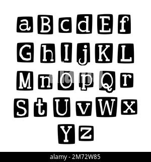 Old vintage style anonymous black and white alphabet. Paper cut out from magazine maniac blackmail note. Stock Vector