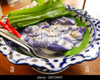 Close up Thai steamed rice-skin dumplings on beautiful disk Stock Photo