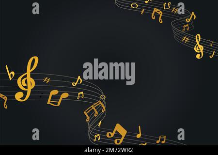 Yellow flowing music notes on black background vector Stock Vector