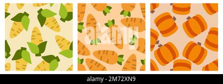 Vegetable seamless pattern set. Carrot, corn and pumpkin. Design elements for baby textile or clothes. Food print for curtain. Vector illustration Stock Vector