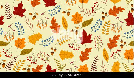 Autumn seamless pattern with berry, plants, leaves, acorns. Charming autumn pattern. Seamless pattern on an autumn theme. Hand drawn. Vector illustrat Stock Vector