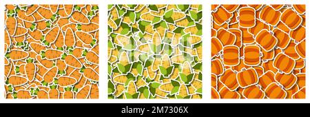Flat carrot, corn, pumpkin vegetable sticker seamless pattern. Modern background ornament with carrot, corn, pumpkin vegetables. Vector illustration Stock Vector