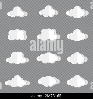 Different clouds on blue sky in origami design. Collection of white paper cut out cloud icons. Paper cloud. Weather symbols. Vector illustration Stock Vector