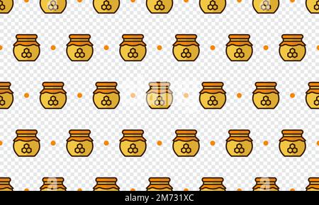 Honey jar pattern with cartoon honey jars. Seamless honey jar background. Summer and spring seamless pattern with flat style honey jars. Vector illust Stock Vector