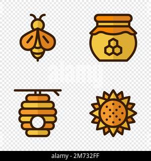 Four honey icons. Honey icons set. Bee set. Honey, bees, sunflower, beehive. Vector illustration Stock Vector