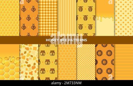 Bee pattern collection. Summer set. Cute flying bees flowers honey. Sweet honey background for beekeeping products. Vector illustration Stock Vector