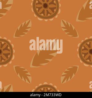 Hand drawn ethnic Seamless Pattern with Tribal style flowers and leaves on orange background. Stock Vector