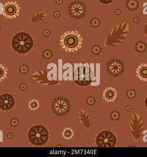 Tribal style flowers and leaves Seamless Pattern with hand drawn elements in brown colours. Stock Vector
