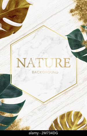 Hexagon golden nature frame on a marble background vector Stock Vector