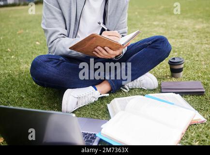 Study, laptop and student in park writing at university, college or campus for education research, planning schedule or scholarship. Relax person on Stock Photo