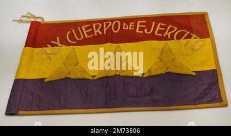 Spanish Civil War (1936-1939). Guidon of commad of the Head of the 19th Corps of the People's Republican Army, Colonel Joaquín Vidal Munárriz, 1936. Silk, cotton and leather. Army Museum. Toledo, Spain. Stock Photo